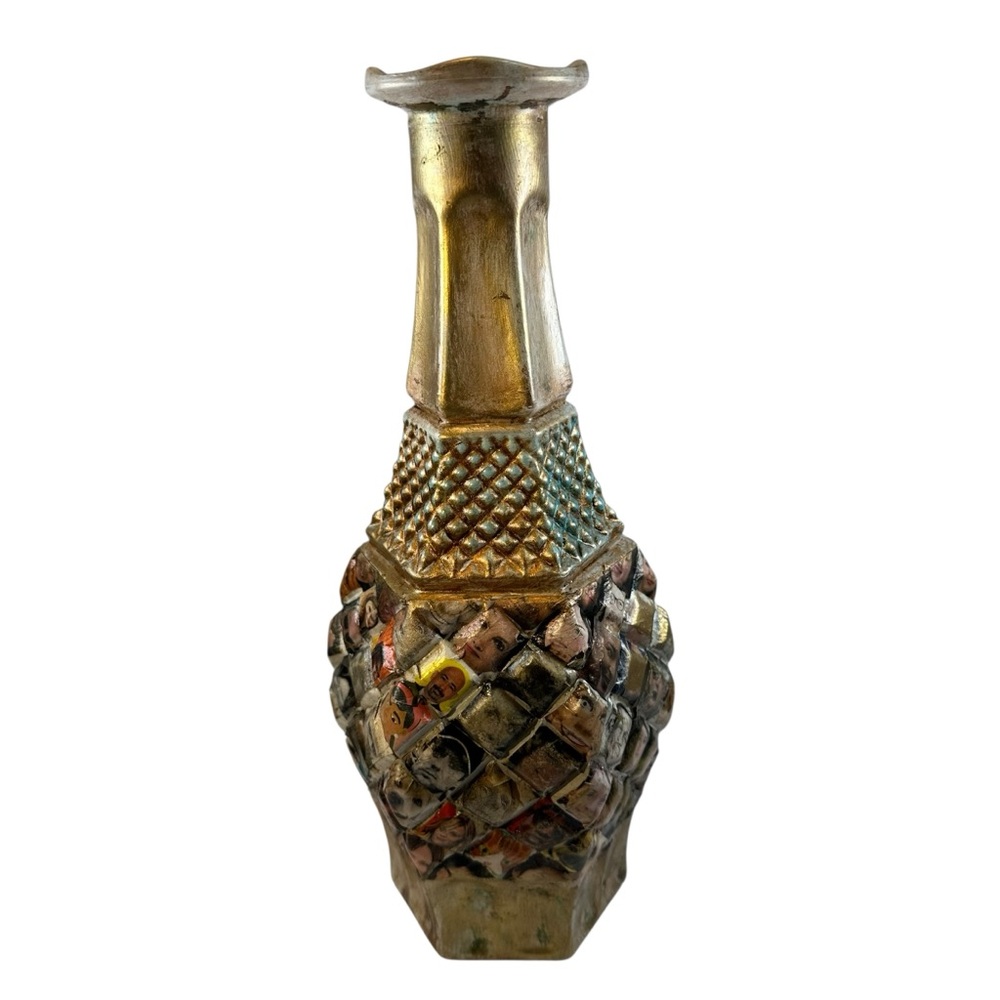 Reimagined Art Vintage Glass Vase Bronze Tone Faces Collage 11.5” Unique